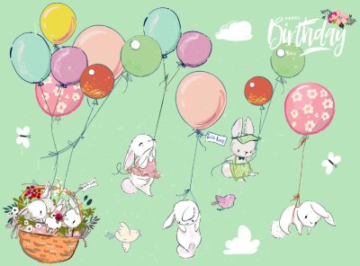 Sticker Eine kleine Sammlung von Hasen mit einem Ballon