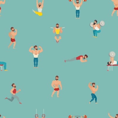 Sticker Sport- und Turnhallenvektormuster. Hintergrund des Handabgehobenen betrages mit muskulöser, bärtiger bemannt Illustration. Cartoon nahtlose Hintergrund. Tapete mit den Eignungsmodellen, werfend auf un
