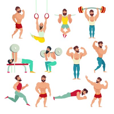 Sticker Satz der muskulösen, bärtigen bemannt Vektorillustration. Fitnessmodels, Posieren, Bodybuilding. Sportler in der Turnhalle. Gymnastikringe, laufend. Lokalisierter Vektor, weißer Hintergrund