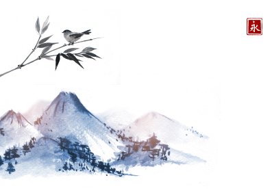 Sticker Berge und ein kleiner Vogel auf einem Bambuszweig. Hieroglyphe - Ewigkeit. Traditionelle orientalische Tuschemalerei sumi-e, u-sin, go-hua