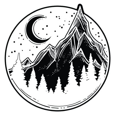 Sticker Schöne Vektorillustration mit Naturlandschaft - Berge, Kiefernwald, Sterne, Mond. Tätowierungskunst. Unendlicher Raum, Meditationssymbole, Reisen, Tourismus.