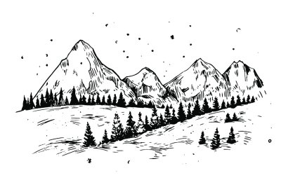 Sticker Winterhintergrund mit Bergen, Schnee und Bäumen. Hand gezeichnete Illustration umgewandelt in Vektor.
