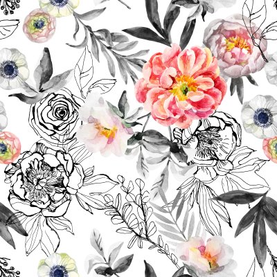 Sticker Aquarell und Tinte kritzeln Blumen, Blätter, nahtloses Muster der Unkräuter. Handgemalter, gezeichneter Blumenhintergrund mit Pfingstrosen, Anemonen, Ranunculus, Hunderosenzweig, Wiesenkräuter