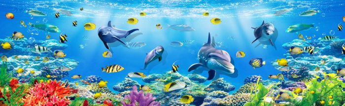 Fototapete 3d illustration  wallpaper under sea dolphin, Fish, Tortoise, Coral reefsand water with broken wall bricks background. will visually expand the space in a small room, bring more light and become an ac
