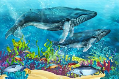Fototapete Bunte Korallenriffe Fische und Wale märchenhafte Unterwasserlandschaft