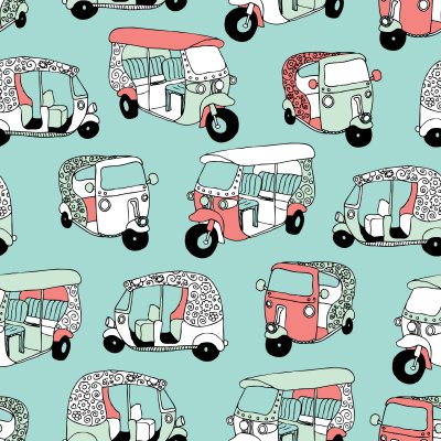 Sticker Nahtlose asiatische Transportikonen-Indien-Königin des Straßenrikschaillustrations-Hintergrundmusters im Vektor