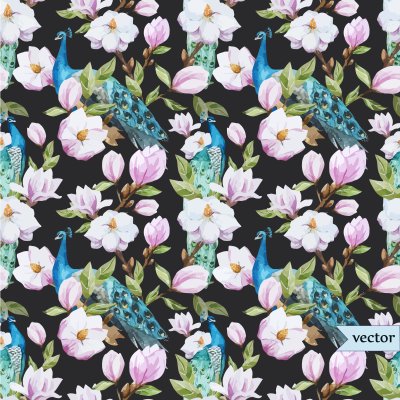 Bild Bunte Pfauen zwischen Blumen