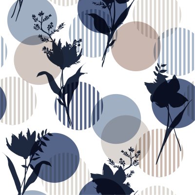 Sticker Monotone in blauen Vektor botanischen Silhouette Blumen nahtloses Muster auf modernen bunten Tupfen mit Streifen, zarte Blumentapeten, wilde Blumen