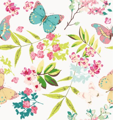 Sticker Schmetterlinge und Blumen auf einer romantischen Illustration