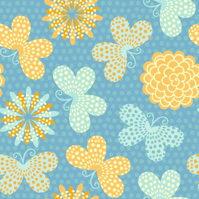 Sticker Schmetterlinge und Blumen auf blauem Hintergrund