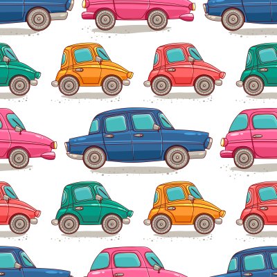 Sticker Muster mit Retro-Autos. Cartoon-Stil
