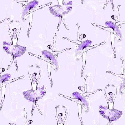 Tapete Ballerinas violetten Hintergrund. Nahtloses Muster von Balletttänzern, von Schwarzweiss-Zeichnung, von Aquarellmalerei, auf purpurrotem Hintergrund.