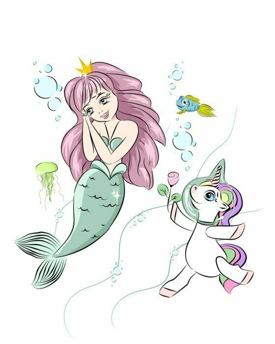 Sticker A beautiful mermaid and a unicorn. The unicorn swims with a mermaid and gives her a flower. Postcard with a mermaid. Style doodle. Print for t-shirts and baby clothes, cards, posters and any design.