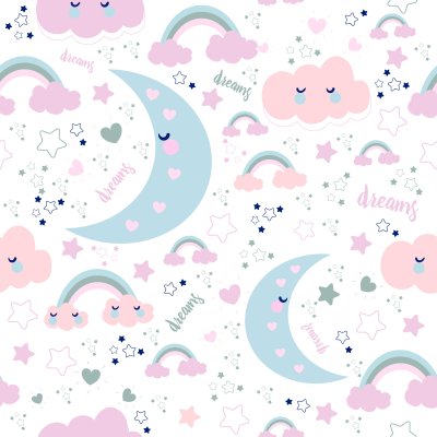 Tapete Nahtloses nettes Muster mit Wolken und Mond. Süßer Traum im Kawaii-Stil.