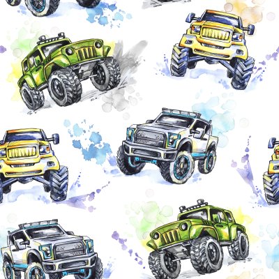 Tapete Aquarell nahtlose Muster Cartoon Monster Trucks. Bunter Extremsporthintergrund. 4x4. Geländewagen SUV. Lebensstil. Das Hobby des Mannes.