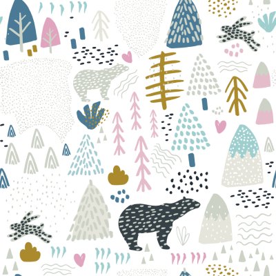 Tapete Nahtloses Muster mit Häschen, Eisbären, Waldelementen und Hand gezeichneten Formen. Kindische Textur. Ideal für Stoff, Textil-Vektor-Illustration