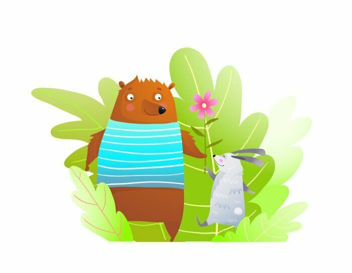Sticker Bear and rabbit animals friendship in forest cute kids cartoon.