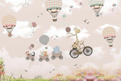 Fototapete Tiere in Fahrzeugen und Ballons vor rosafarbenem Himmel