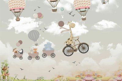 Fototapete Fröhliche Tiere in Ballons vor dem Himmel