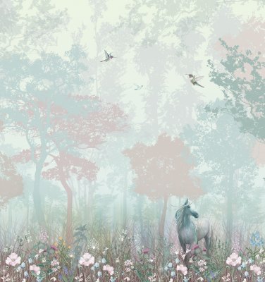 Fototapete Ein Pferd auf einer Wiese mit abstrakten Bäumen im Hintergrund