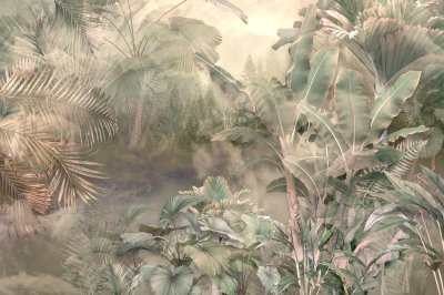 Fototapete Tropical trees and leaves wallpaper design in foggy forest - 3D illustration