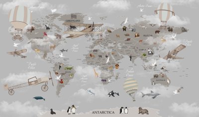 Fototapete World map animals for kids room wallpaper design