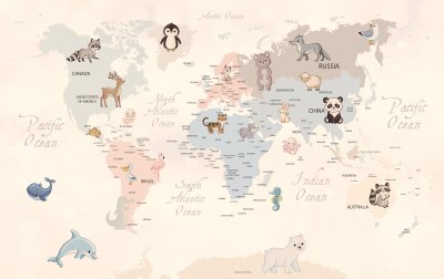 Fototapete Animals world map for kids wallpaper design