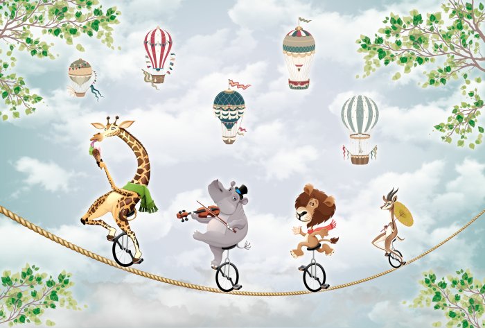 Sticker Children's picture, animals on a wheel ride on a tightrope against the sky with balloons