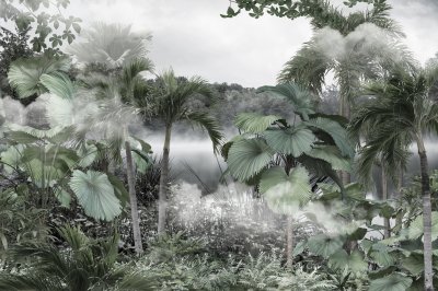 Fototapete Tropical trees and leaves wallpaper design in foggy forest - 3D illustration