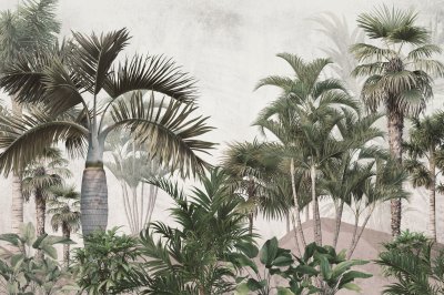 Fototapete Tropical trees and leaves wallpaper design in foggy forest - 3D illustration