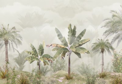 Fototapete Tropical trees and leaves wallpaper design in foggy forest - 3D illustration
