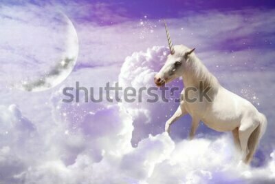 Fototapete Magic unicorn in fantastic sky with fluffy clouds and crescent 
