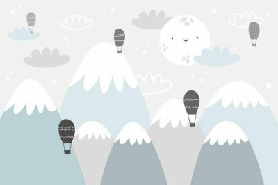 Fototapete Vector children hand drawn doodle mountain illustration in scandinavian style. Mountain landscape, clouds, air balloons and cute moon. Kids wallpaper. Mountainscape, baby room design, wall decor.