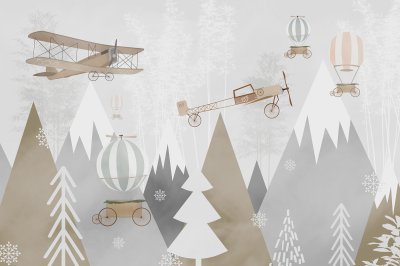Fototapete Berge und Flugzeuge für Kinder im skandinavischen Stil