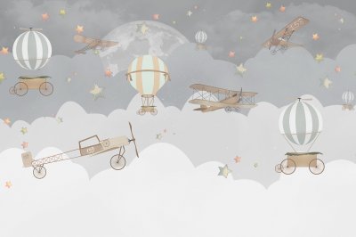 Fototapete Graue Wolken, Ballons, Autos und Flugzeuge