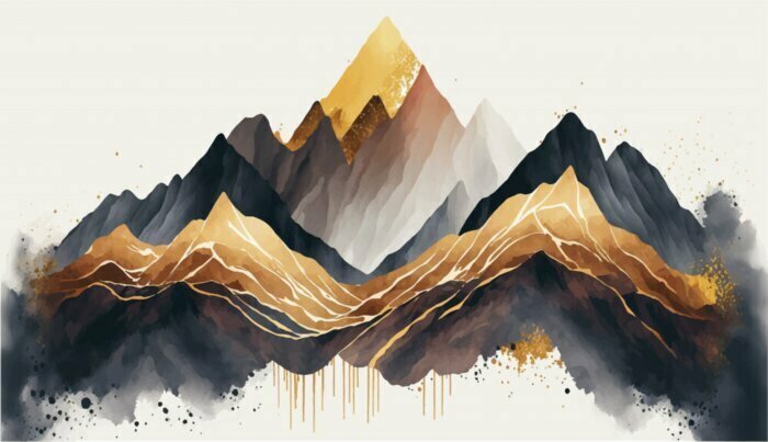Sticker Minimalistic mountain landscape with watercolor gold brush and texture in traditional oriental, Japanese style. Vector illustration
