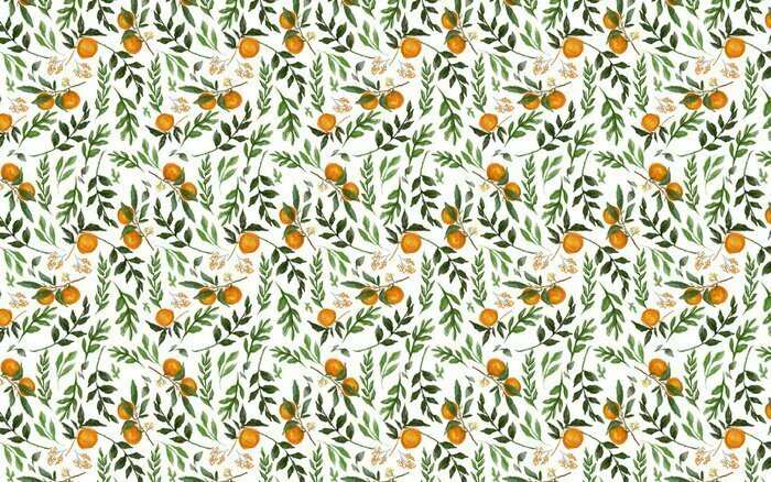 Fototapete Orange pattern design, leaf and fruit wallpaper design, seamless pattern, oil painting texture, mural art.
