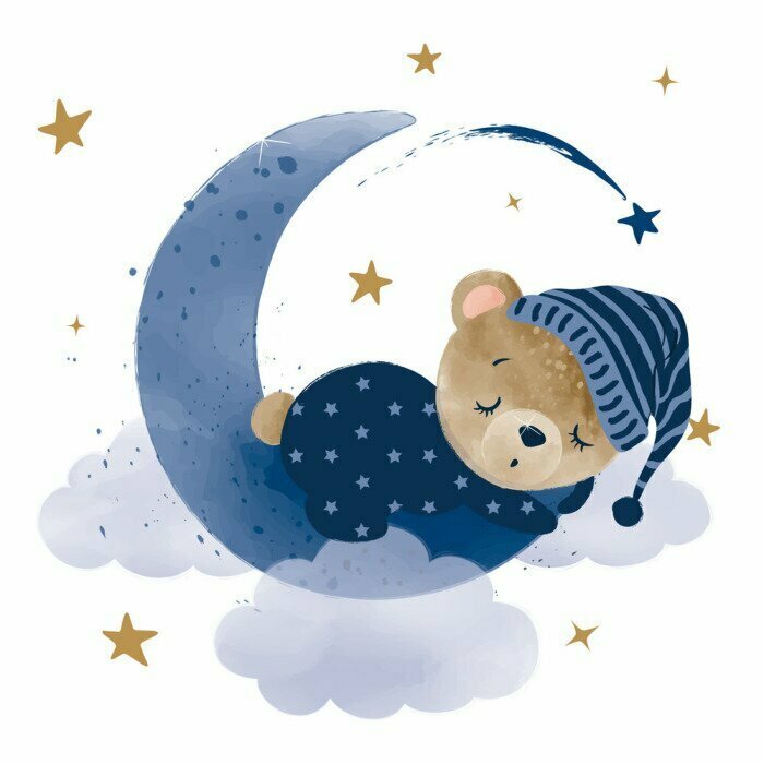 Sticker Watercolor hand draw illustration brown teddy bear sleeping on the moon; greeting cards, invitations, baby shower, posters; with white isolated background