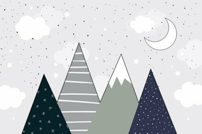 Fototapete Berge bei Nacht mit Mond und Sternen skandinavischer Stil