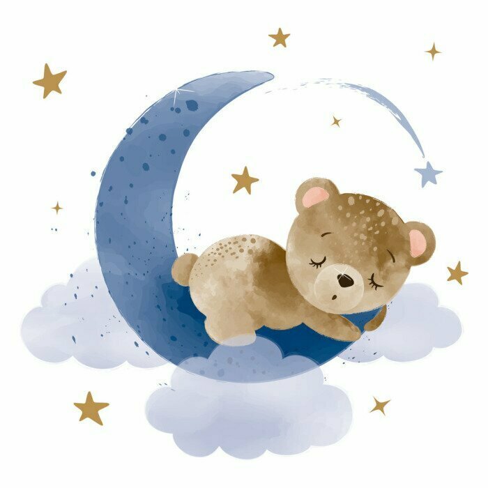Sticker Watercolor hand draw illustration brown teddy bear sleeping on the moon; greeting cards, invitations, baby shower, posters; with white isolated background
