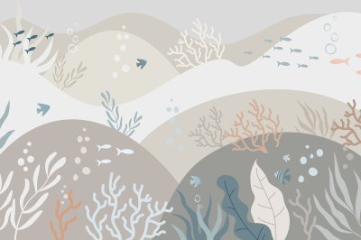 Fototapete Minimalistisches Muster mit Fischen in einer pastellfarbenen Unterwasserwelt