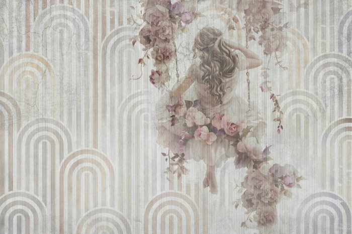 Fototapete Mädchen mit Blumen auf einer Schaukel, geometrischer Hintergrund