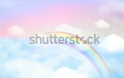 Fototapete Fantasy magical landscape rainbow on sky abstract big volume texture fluffy clouds shine close up view straight, cotton wool, pink purple pastel colors sun fabulous background