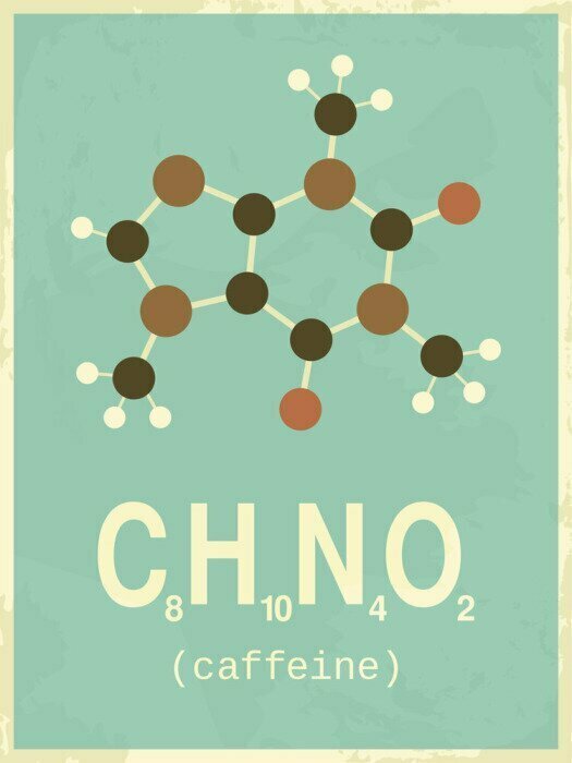 Sticker Koffeinmolekül mit chemischer Formel im Hintergrund