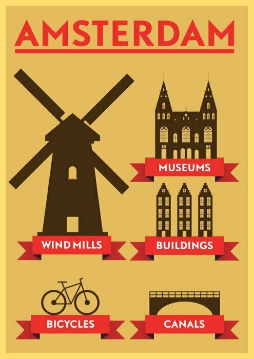 Sticker Beliebte Amsterdamer Sehenswürdigkeiten im Infografik-Stil