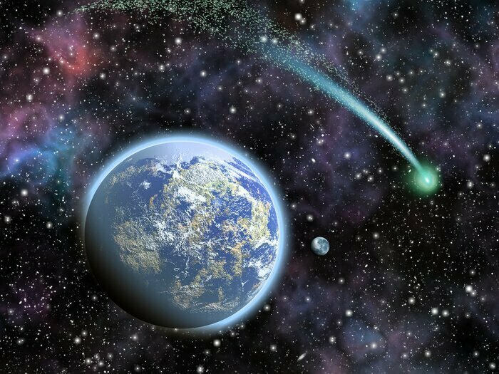 Fototapete Komet zieht über Erde und Mond