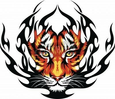 Fototapete Orangefarbener tiger in schwarzen flammen