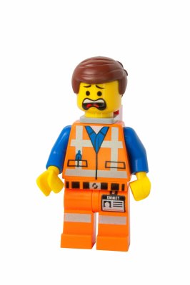 Sticker ADELAIDE, AUSTRALIEN - 9. September 2014: Eine Studioaufnahme einer Emmet Lego-Minifigur aus dem Lego-Film. Lego ist weltweit bei Kindern und Sammlern sehr beliebt