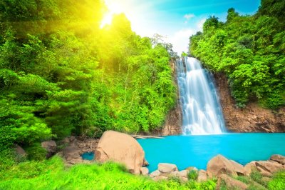 Fototapete Sonniger Wasserfall im Dschungel