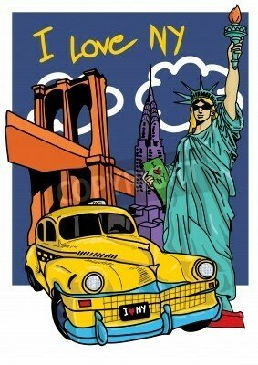 Fototapete Bunte Briefmarke mit Taxi